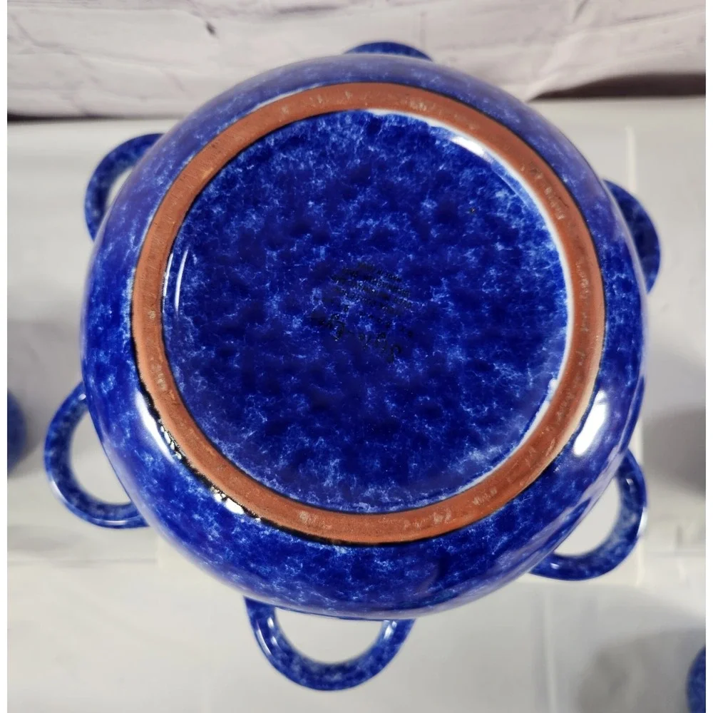 Vtg Baum Bros Style Eyes Blue Speckled Sponged Soup Tureen W / 4 Bowls